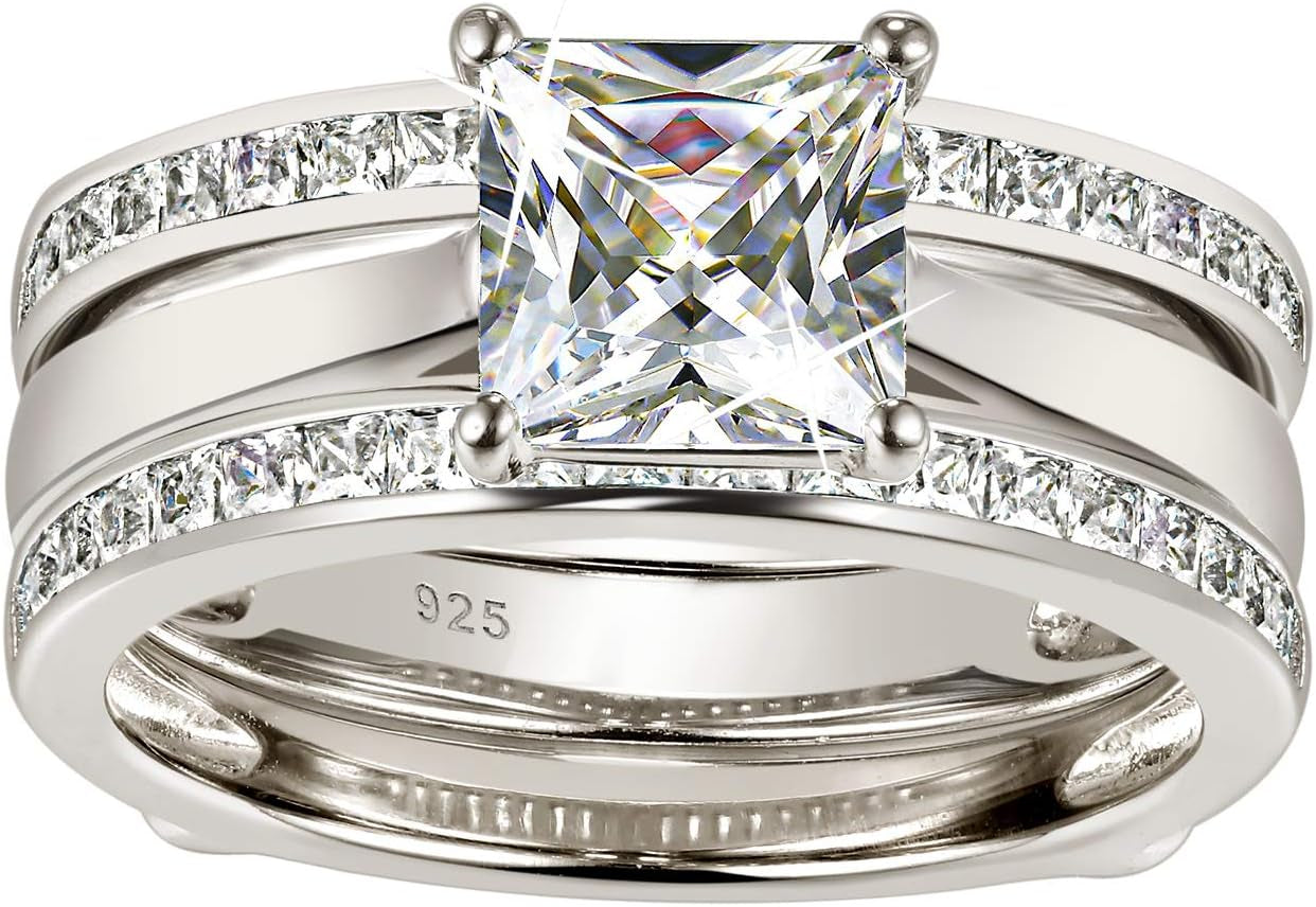 Princess Bridal Ring Set for Women – CZ Wedding Band Guard Enhancer – 925 Sterling Silver, Sizes 4-13