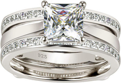 Princess Bridal Ring Set for Women – CZ Wedding Band Guard Enhancer – 925 Sterling Silver, Sizes 4-13