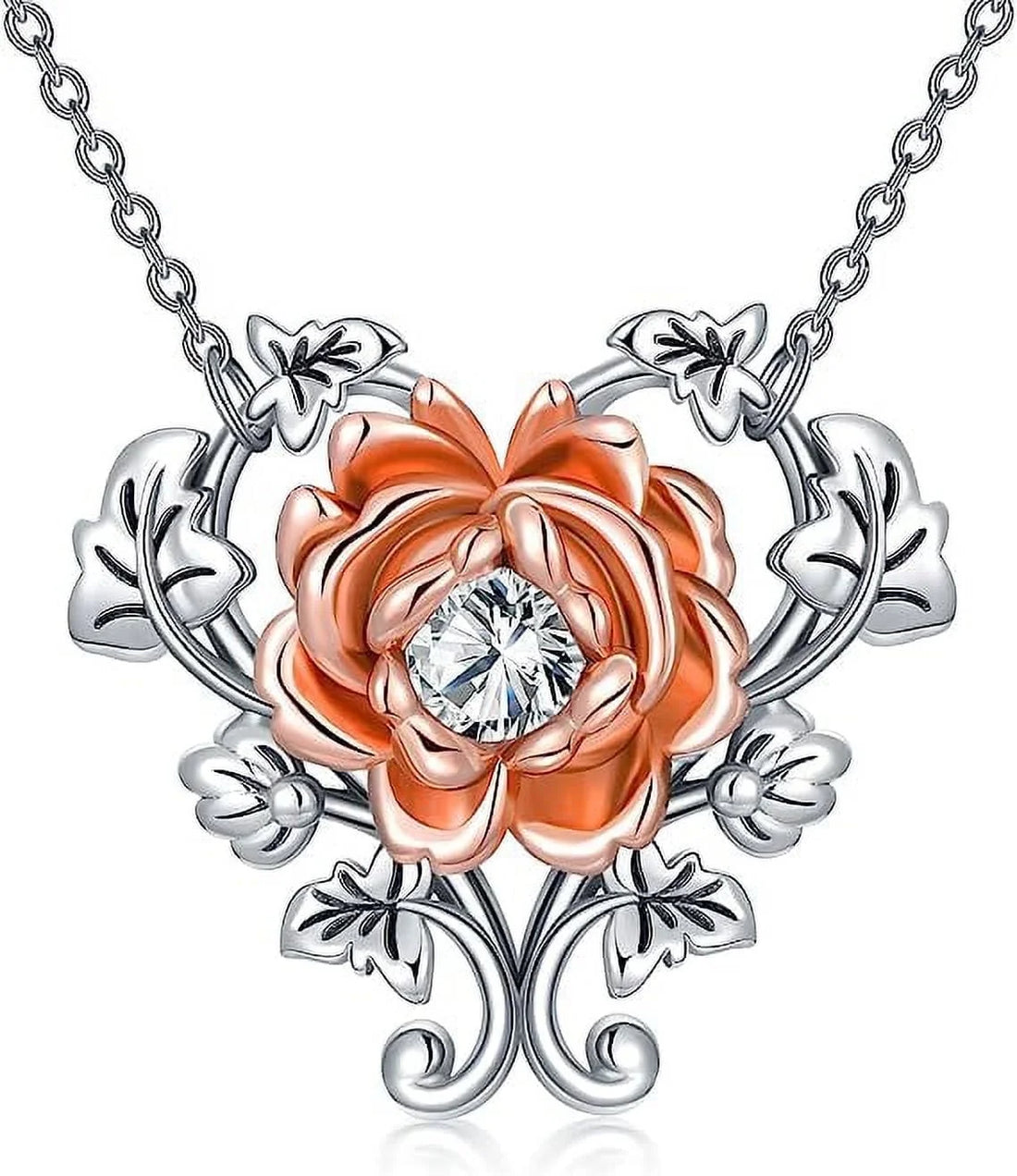 925 Sterling Silver Rose Flower Heart Pendant Necklace – Elegant Jewelry for Women