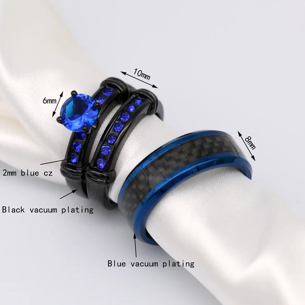 Matching Couple Rings – Black Gold Plated 1CT Blue CZ Wedding Ring Set with Male Ring