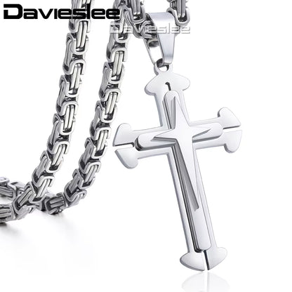 Men’s Cross Pendant Necklace – 3-Layer Knight Cross in Stainless Steel, Gold/Black/Silver – Durable Chain Jewelry (Model DDLKP179)