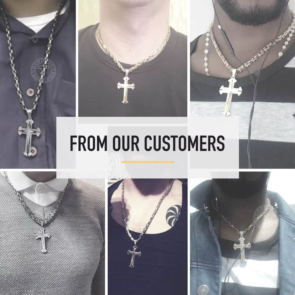 Men’s Cross Pendant Necklace – 3-Layer Knight Cross in Stainless Steel, Gold/Black/Silver – Durable Chain Jewelry (Model DDLKP179)