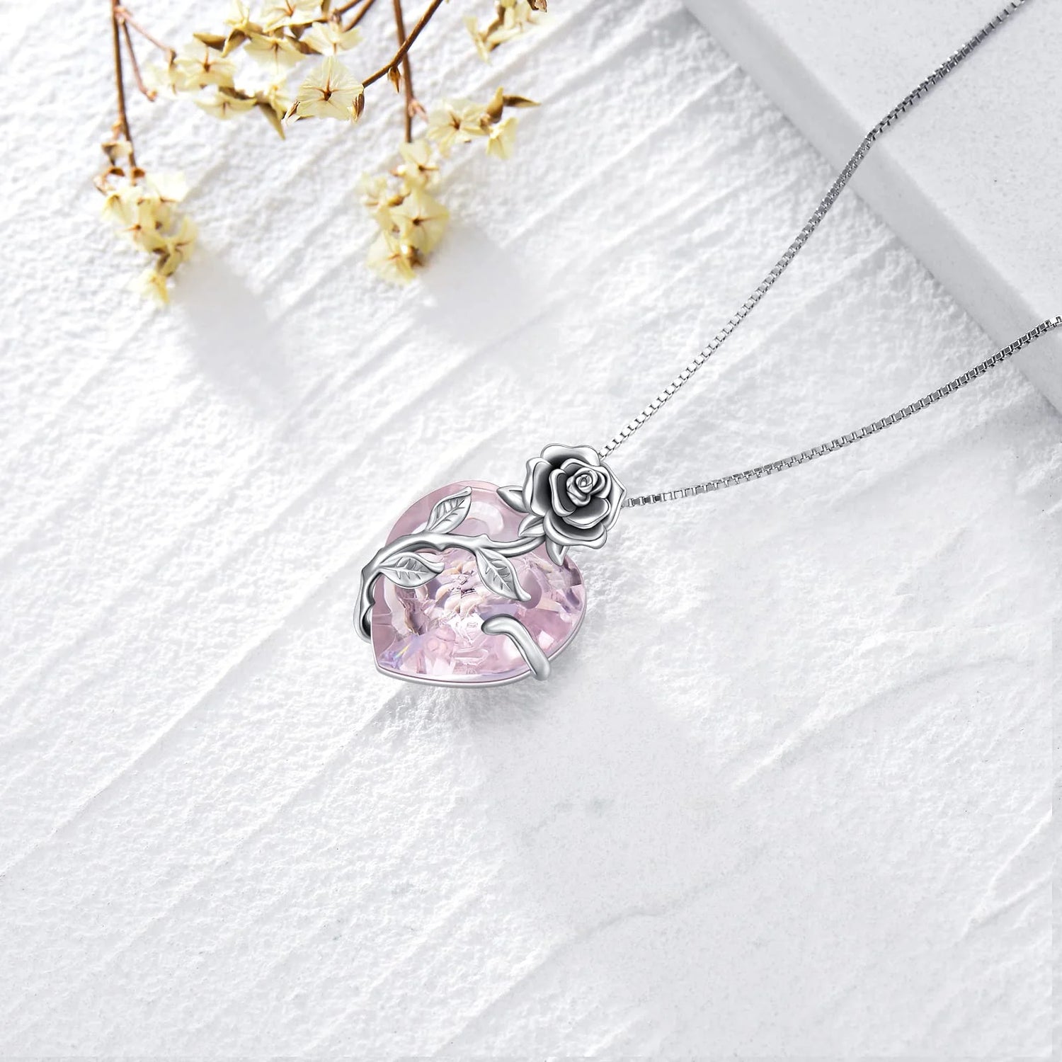 S925 Sterling Silver October Birthstone Necklace – Pink Tourmaline Blooming Rose Heart Pendant Gift for Women