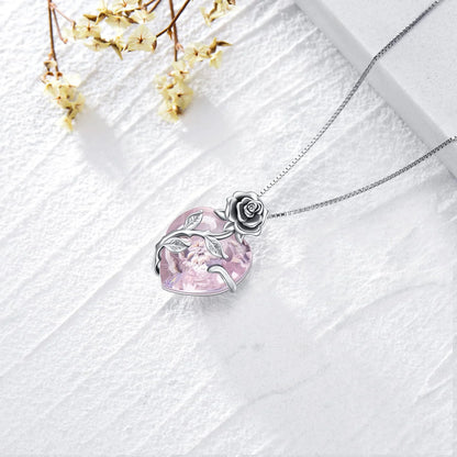 S925 Sterling Silver October Birthstone Necklace – Pink Tourmaline Blooming Rose Heart Pendant Gift for Women