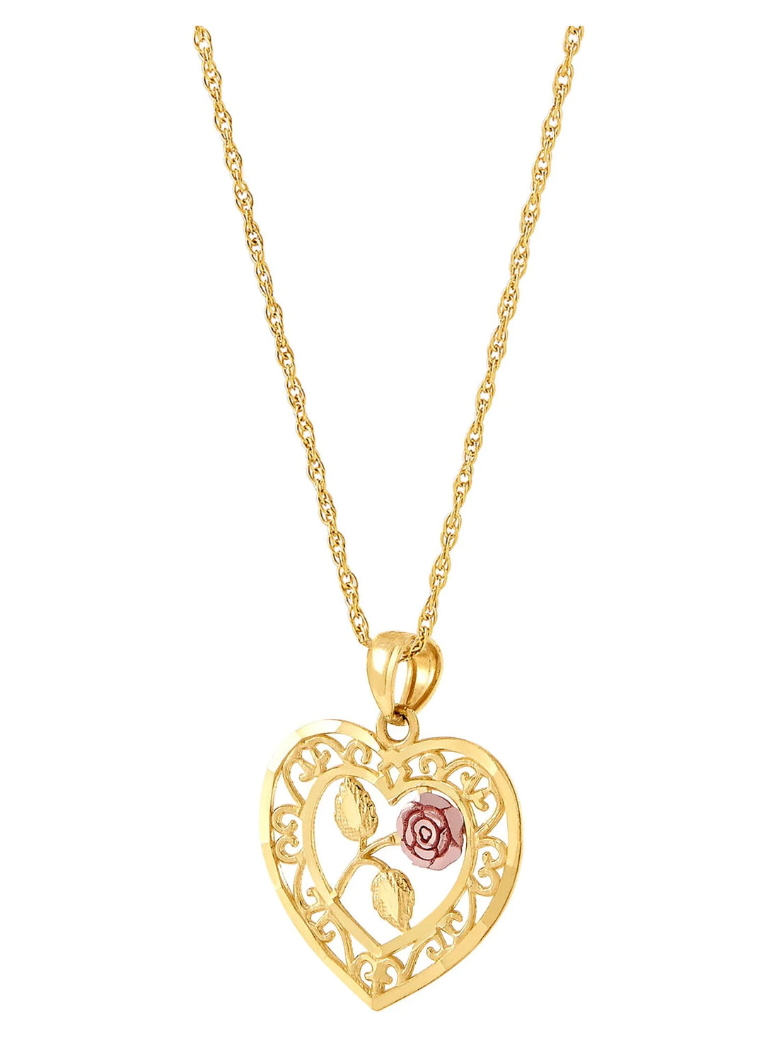 10K Two-Tone Gold Heart Flower Pendant Necklace – 18&quot; Gold-Filled Chain