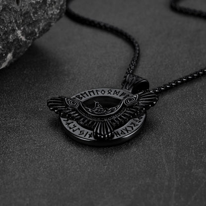 🛡️ Viking Raven Necklace for Men – Black Stainless Steel Norse Rune Pendant | Retro Crow Amulet Jewelry Gift for Friends, Sons, Grandsons, or Birthdays