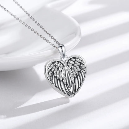 Angel Wings Heart Locket Necklace – 925 Sterling Silver Memorial Jewelry for Women