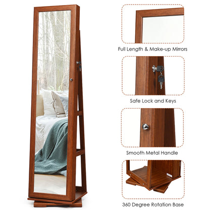 360Degree Rotatable Jewelry Cabinet 2-In-1 Lockable Mirrored Organizer Brown