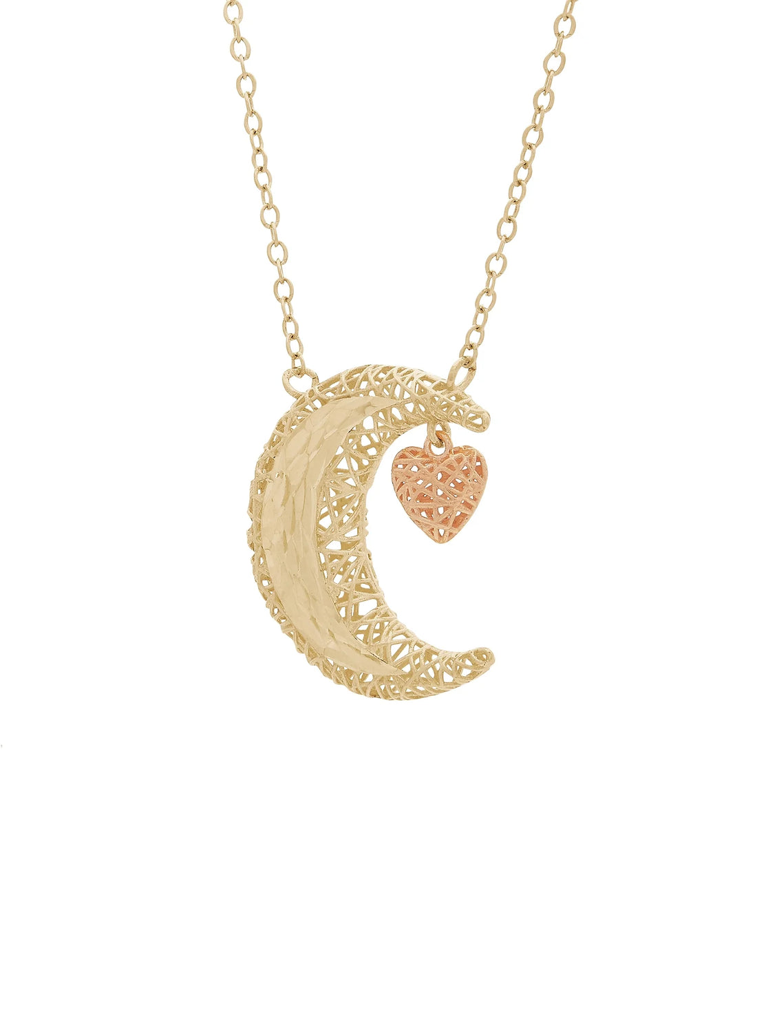 10K Yellow &amp; Rose Gold Celestial Moon and Heart Necklace – 18&quot; Puffed Pendant with Diamond-Cut Finish