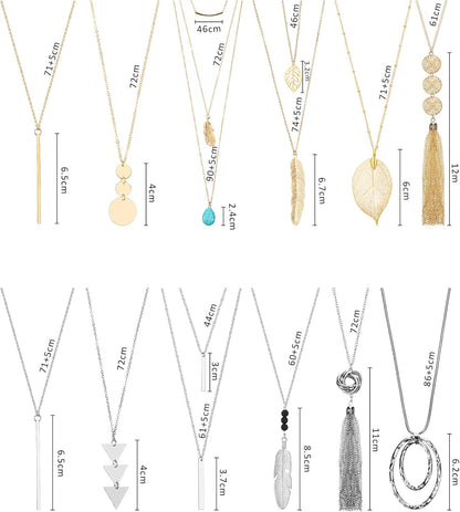 12-Piece Long Pendant Necklace Set for Women – Y Tassel, Leaf, Circle &amp; Bar Layered Necklaces