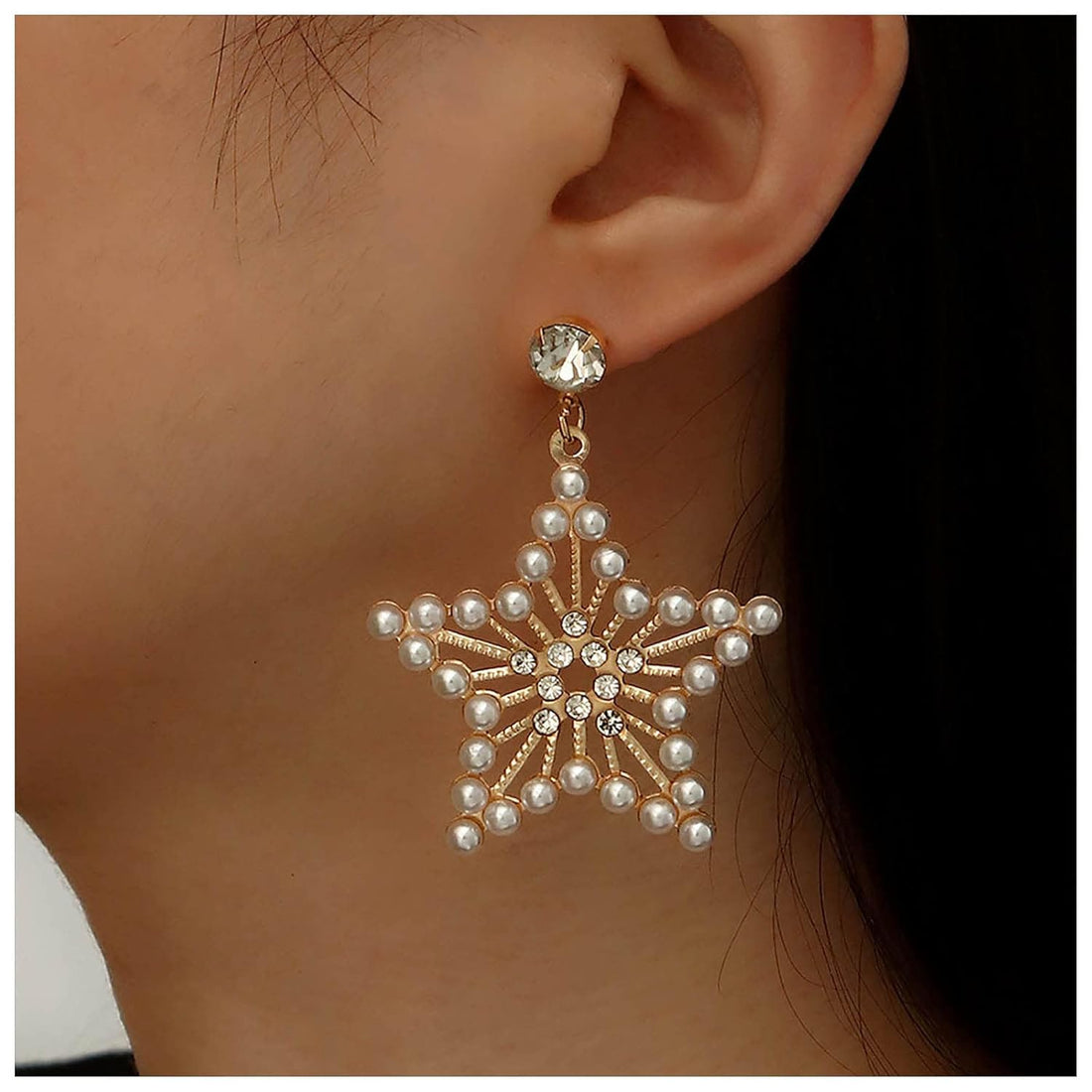Vintage Pearl Star Drop Earrings – Crystal &amp; Rhinestone Gold Star Dangle Statement Jewelry for Women &amp; Girls