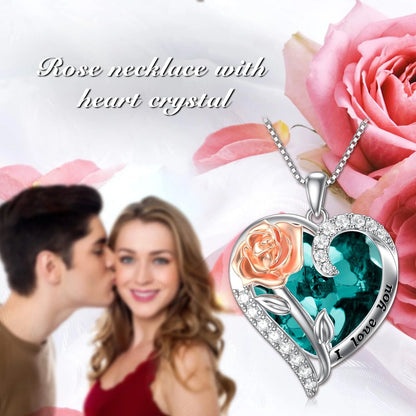 Graduation Gift for Women – Sterling Silver Rose Flower Heart Necklace with September Sapphire Birthstone Crystal