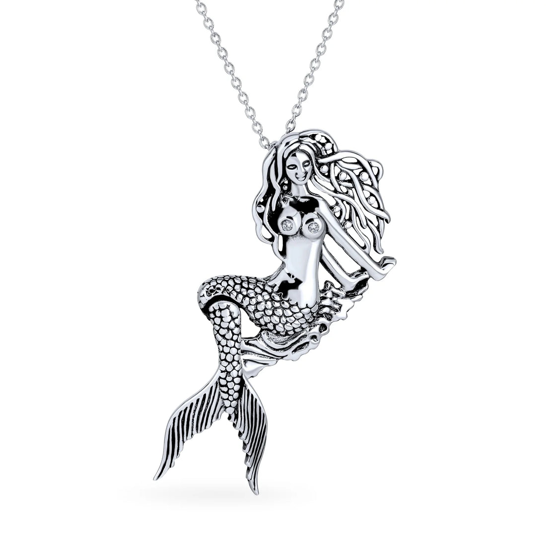 Nautical Sea Siren Mermaid Pendant Necklace – Oxidized Sterling Silver