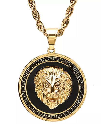 Men’s Two-Tone Stainless Steel Lion Head Pendant Necklace – Simulated Diamond, Greek Key Mount, 24-Inch Chain