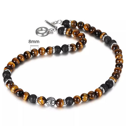 Men’s 8mm Natural Tiger Eye Lava Bead Necklace – Stainless Steel Toggle Clasp, 18/20/24&quot;
