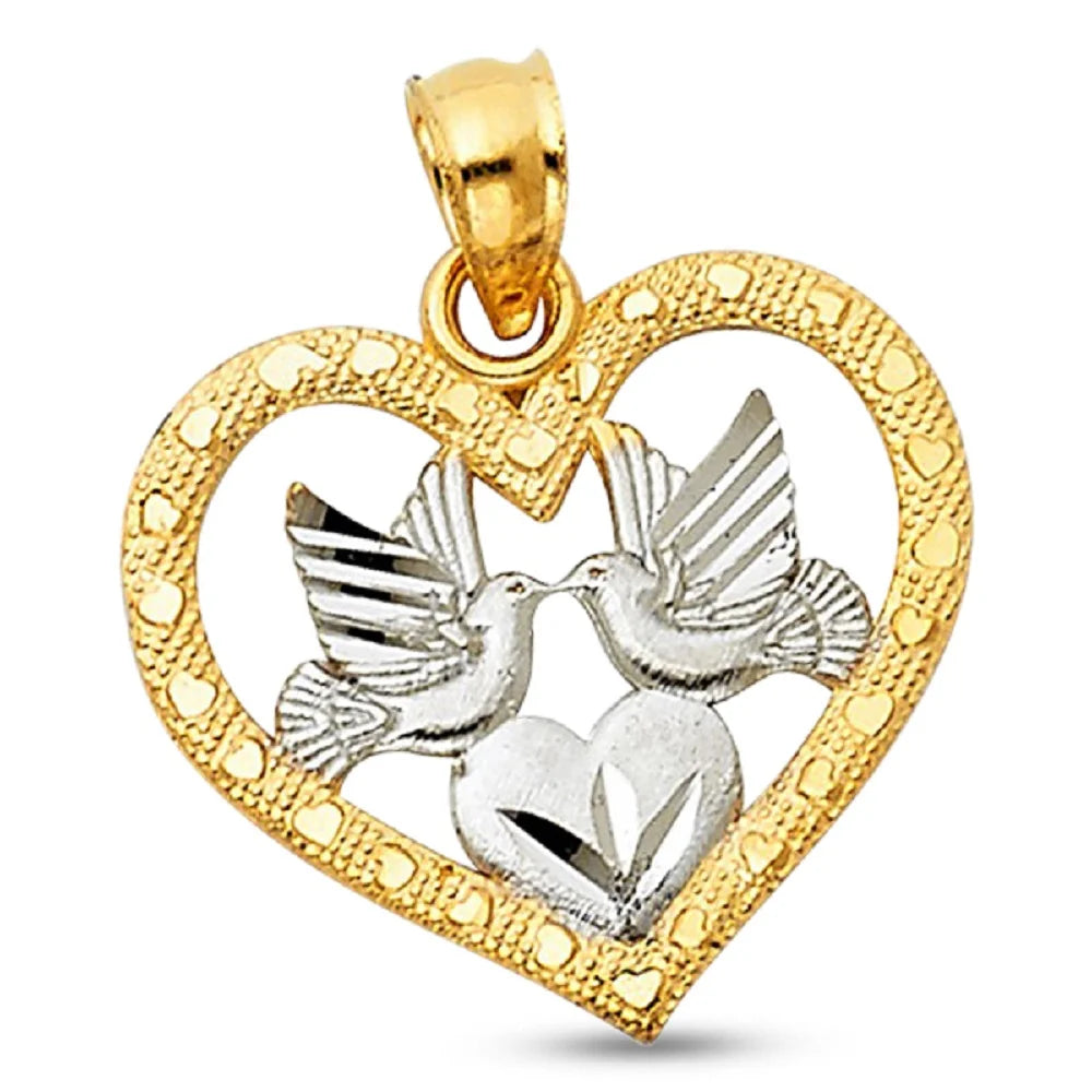 Heart Love Birds Pendant – Solid 14K Yellow &amp; White Gold, Diamond-Cut Charm, 16x18mm