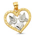 Heart Love Birds Pendant – Solid 14K Yellow & White Gold, Diamond-Cut Charm, 16x18mm