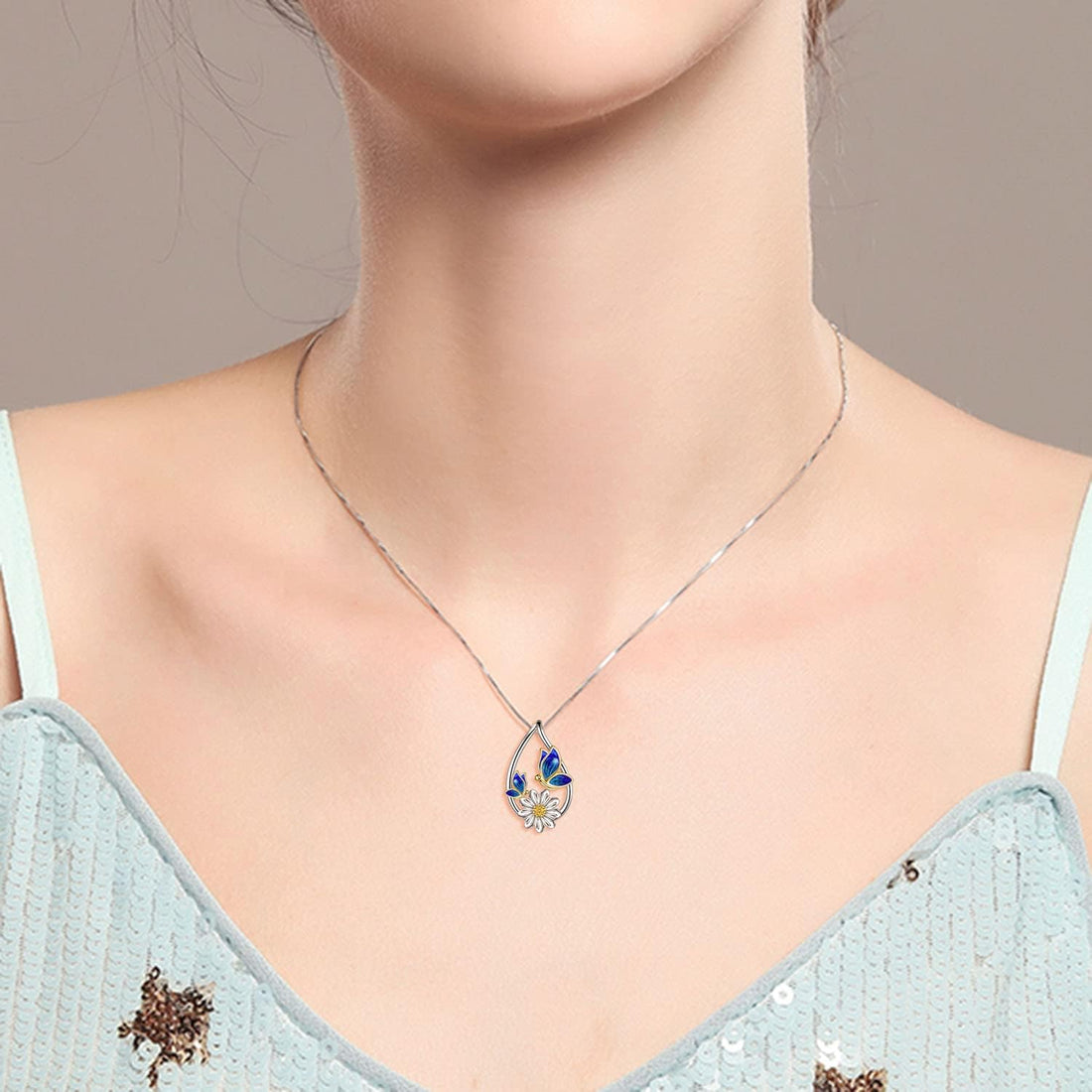 Butterfly Teardrop Daisy Flower Pendant Necklace – Sterling Silver Jewelry Gift for Women &amp; Teens