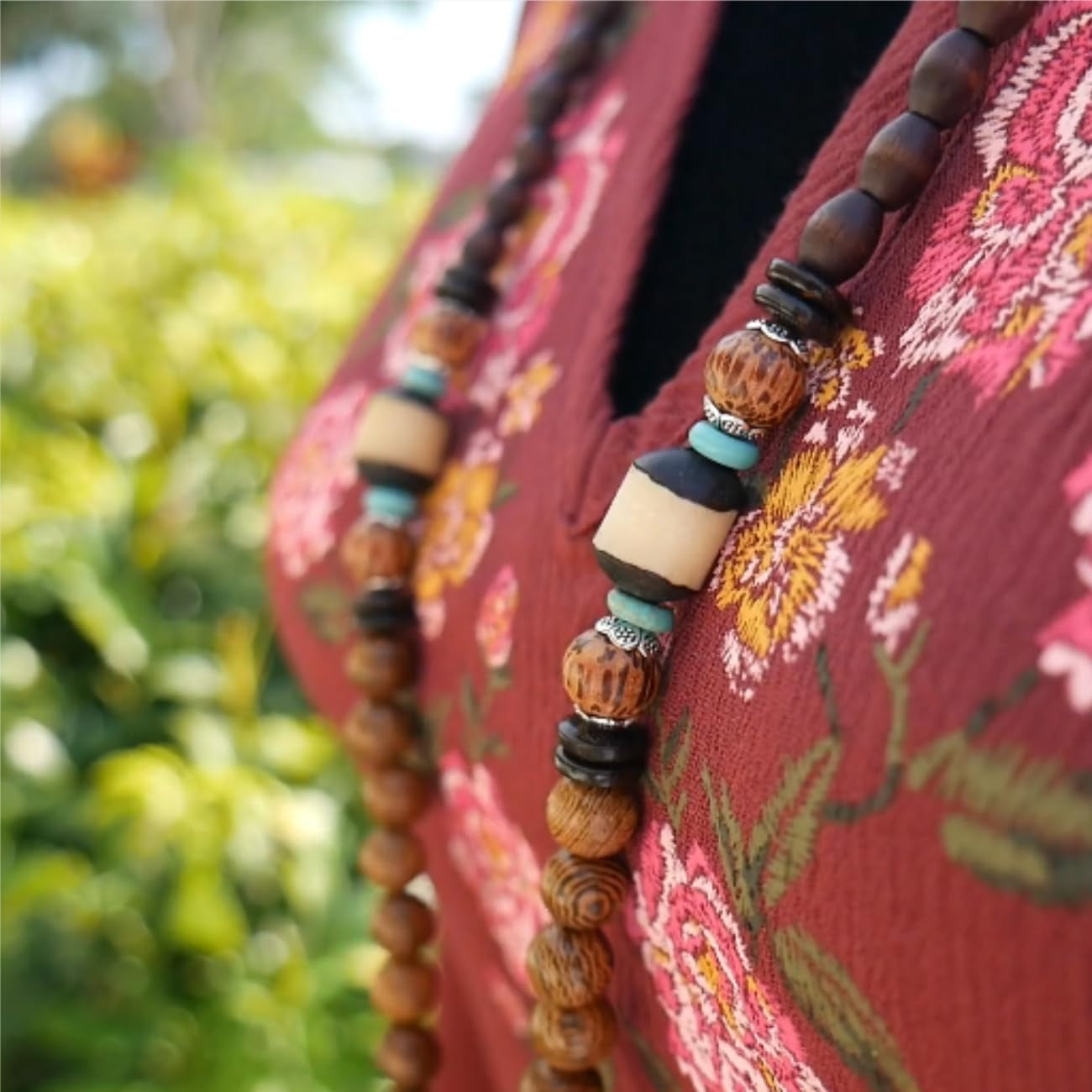 Bohemian Beaded Necklace for Women – Long Boho Pendant with Wooden Mala Beads &amp; Tassel