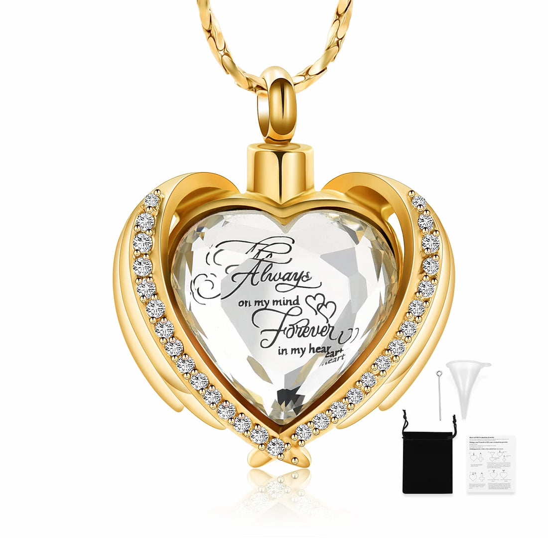 Angel Wing Heart Cremation Urn Necklace – Birthstone Memorial Locket for Human Ashes | Keepsake Jewelry for Women