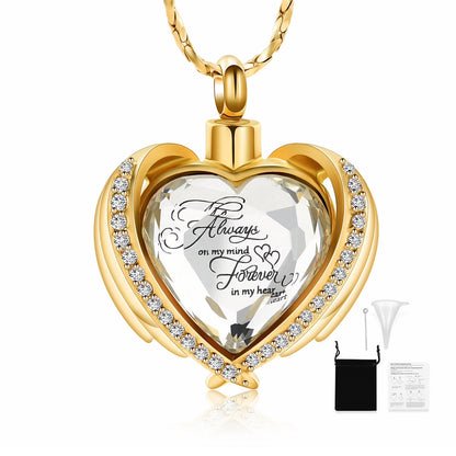 Angel Wing Heart Cremation Urn Necklace – Birthstone Memorial Locket for Human Ashes | Keepsake Jewelry for Women