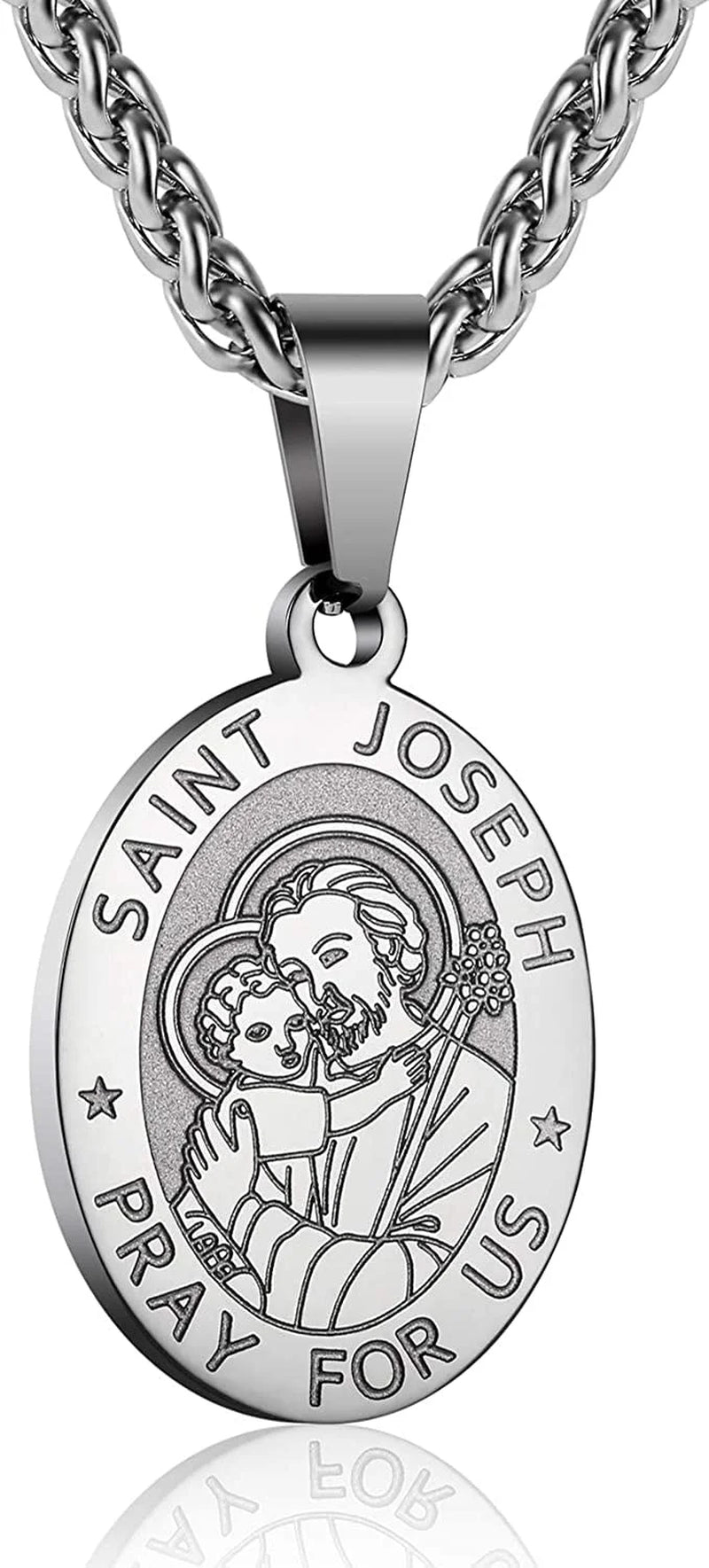 Silver Saint Joseph Necklace for Men &amp; Boys – Stainless Steel Pendant Chain, Christian Catholic Jewelry Gift
