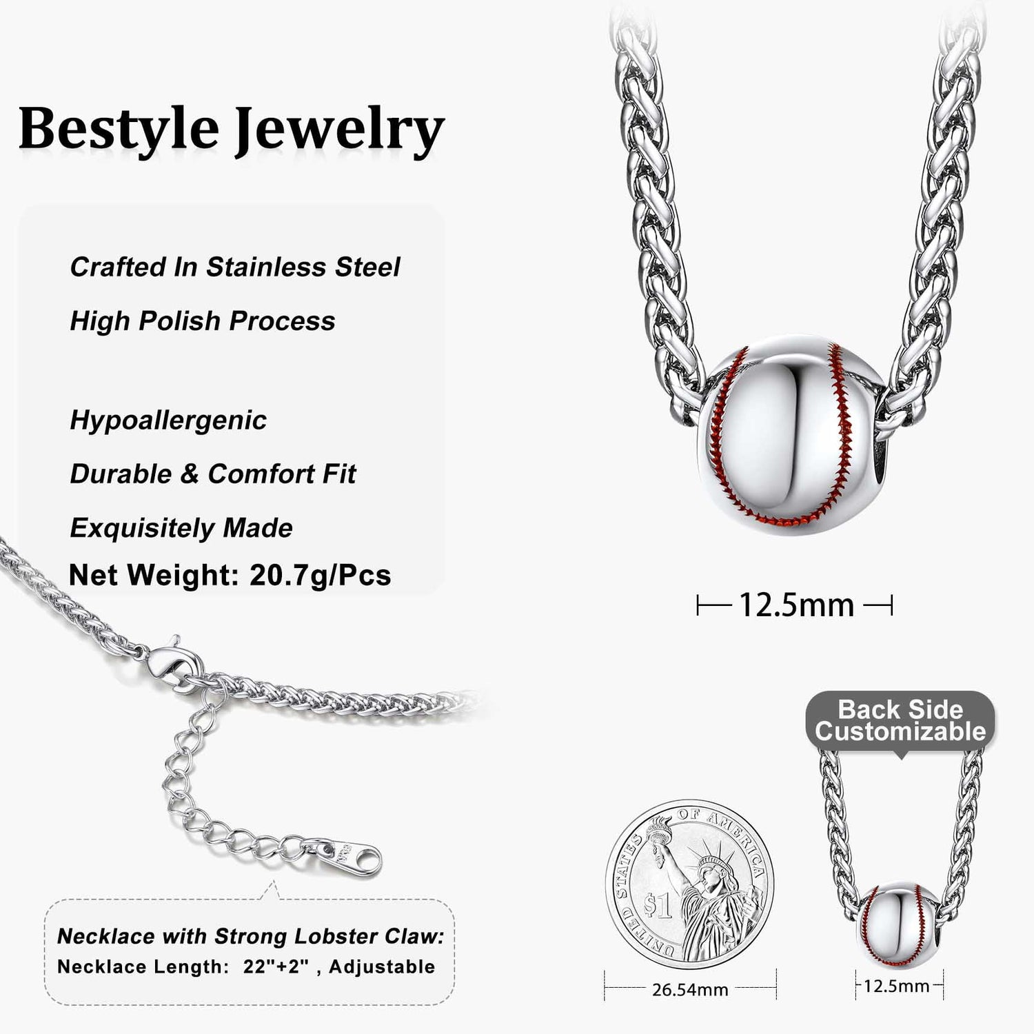 Baseball Necklace – 3D Ball Pendant Necklace for Men | Stainless Steel Sports Jewelry for Fans &amp; Players | Gift for Baseball Lovers