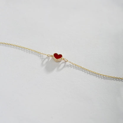 14K Solid Gold Red Heart Bracelet for Women, Adjustable 6+1 Inch Dainty Chain