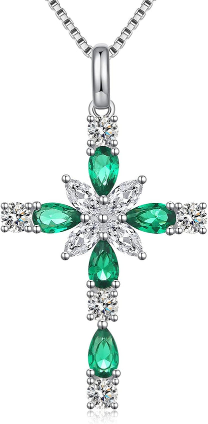 925 Sterling Silver Cross Necklace for Women – Delicate Star &amp; Birthstone Pendant, 18&quot; Chain – Religious Birthday Jewelry Gift for Mom