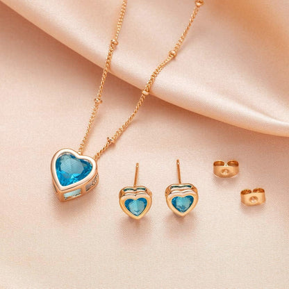 Austrian Crystal Heart Pendant Necklace &amp; Earrings Set – 14K Gold Plated Hypoallergenic Jewelry for Women