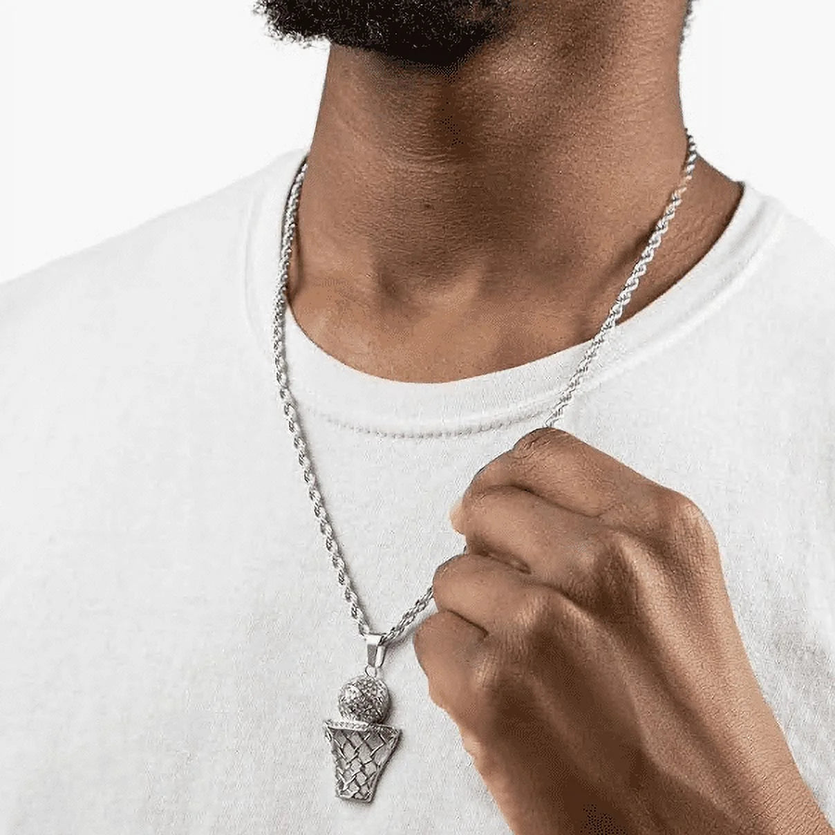 Men’s 18K Silver Plated Stainless Steel Basketball Hoop Pendant Necklace