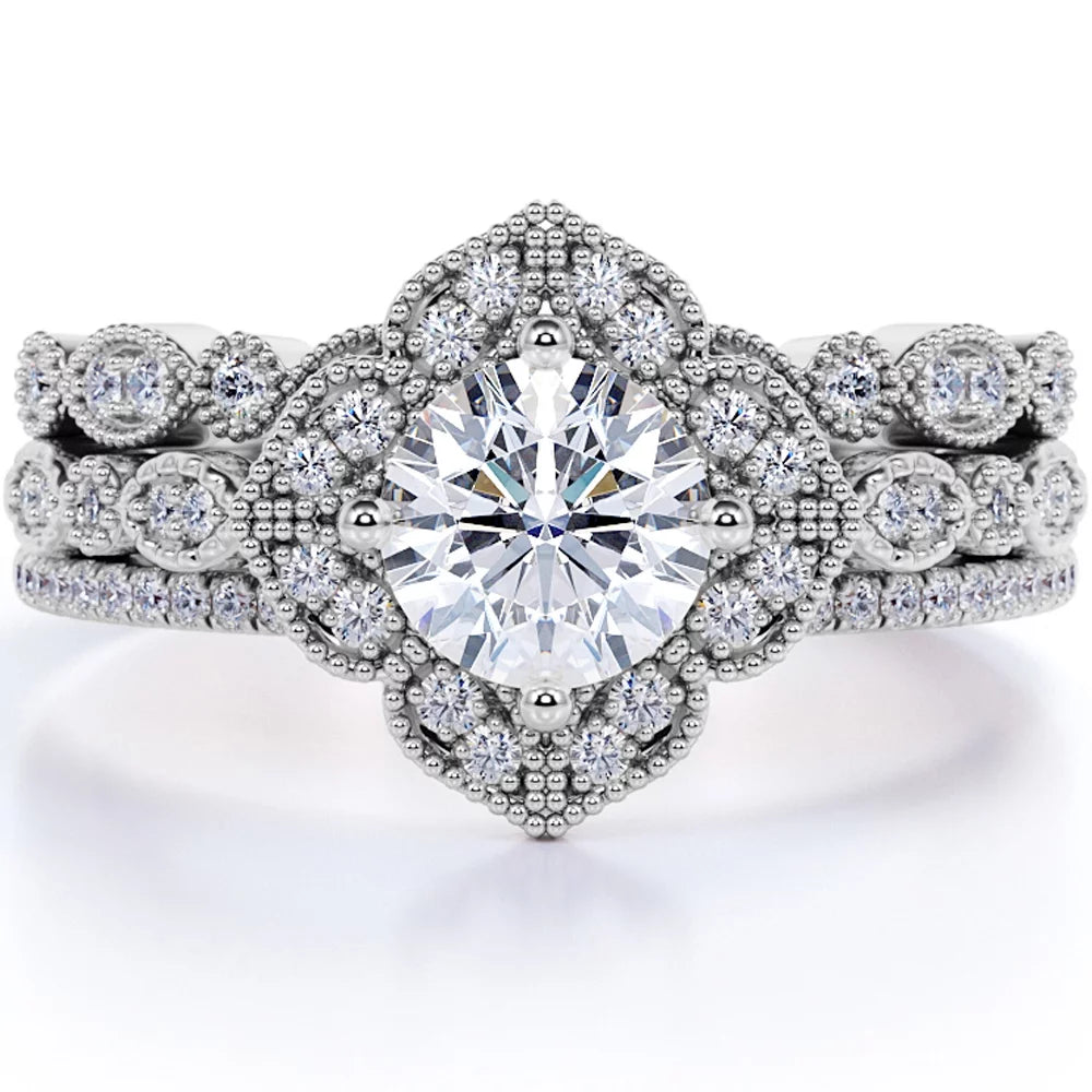Unique 1.75 Carat Real Moissanite Wedding Trio Ring Set – Engagement Ring with 2 Wedding Bands in 18K Gold over Silver