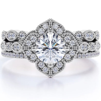 Unique 1.75 Carat Real Moissanite Wedding Trio Ring Set – Engagement Ring with 2 Wedding Bands in 18K Gold over Silver