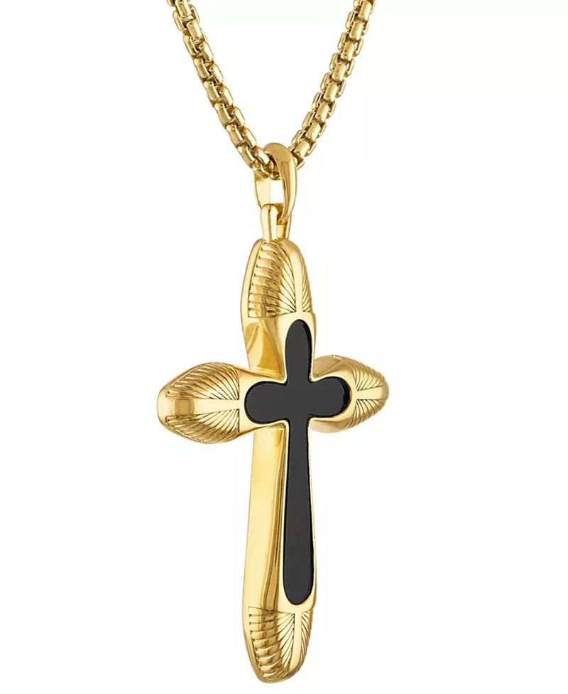 Men’s Icon Black Agate Cross Pendant Necklace – 14K Gold-Plated Sterling Silver with 24” + 2” Extender