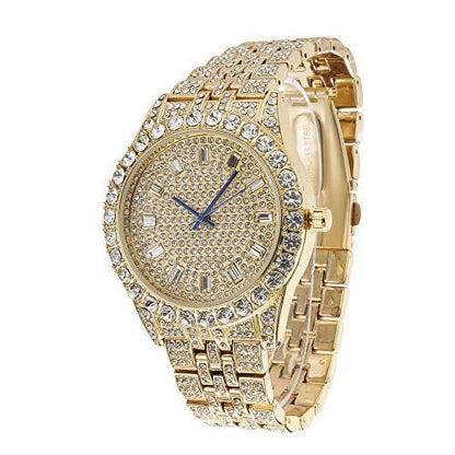 Blinged-Out Cuban Necklace with Matching Bracelet &amp; Fire Iced-Out Timepiece – Boujee 3-Piece Set 2023 (Gold/Gold, CNBW ST10226)