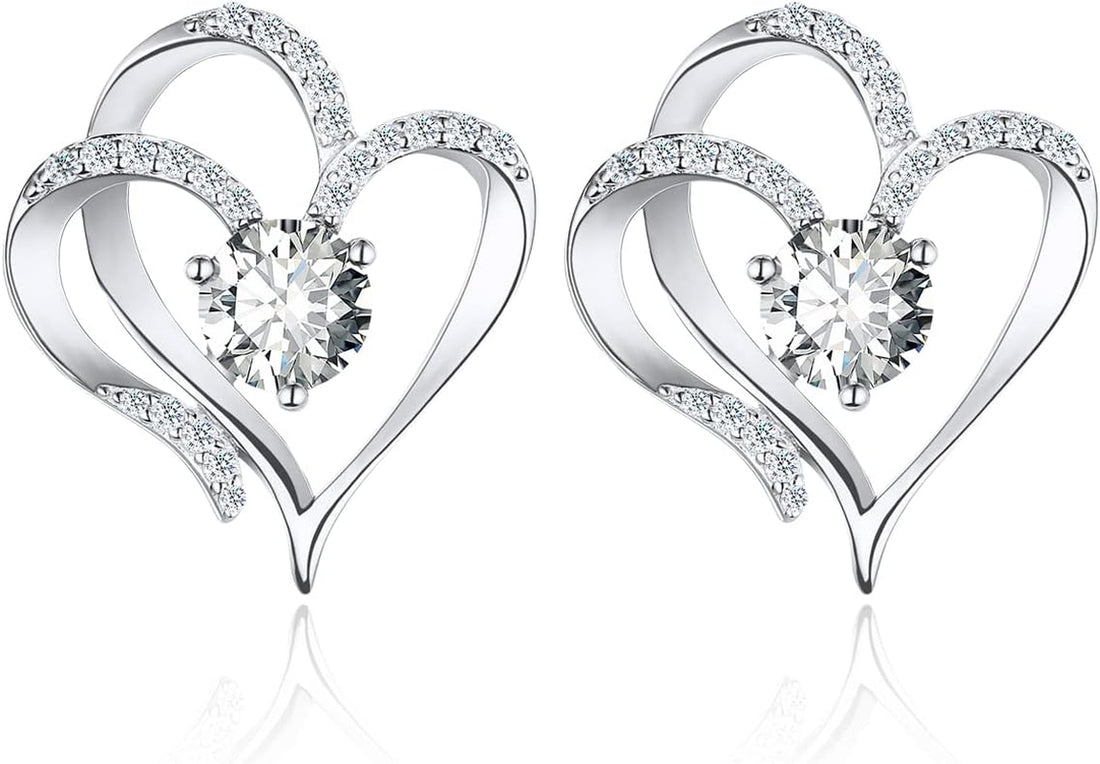 Love Heart Earrings for Women 925 Sterling Silver Gold Plated Zirconia April Birthstone Stud Earrings for Mother Wife Sister Birthday Valentine&