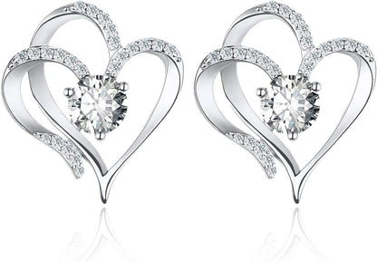 Love Heart Earrings for Women 925 Sterling Silver Gold Plated Zirconia April Birthstone Stud Earrings for Mother Wife Sister Birthday Valentine&