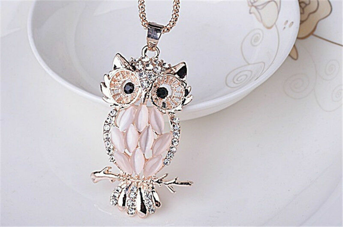 Fashion Sweater Chain Owl Necklace with Opal Stone Pendant – Trendy Sweater Chain Jewelry