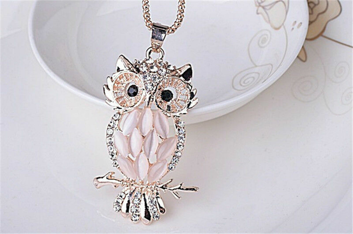 Fashion Sweater Chain Owl Necklace with Opal Stone Pendant – Trendy Sweater Chain Jewelry