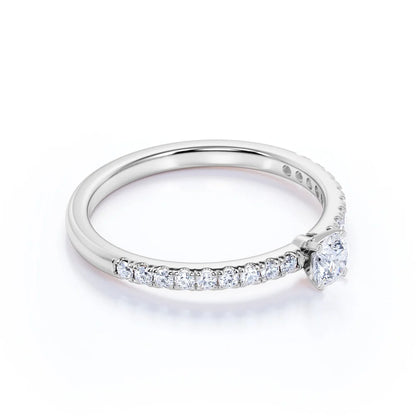 Simple 1 Ct Natural Circle Moissanite Ring – Dainty Micro Pave Thin Band Engagement Ring in 18K White Gold over Silver