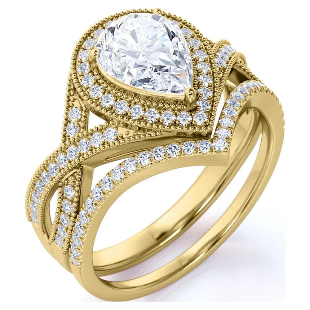 1.5 Carat Pear Cut Moissanite Wedding Set – Art Deco Halo Bridal Ring in 18K Yellow Gold over Silver