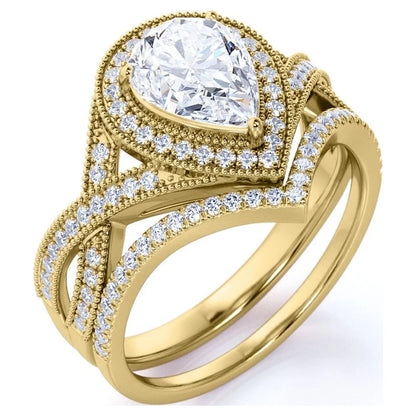 1.5 Carat Pear Cut Moissanite Wedding Set – Art Deco Halo Bridal Ring in 18K Yellow Gold over Silver