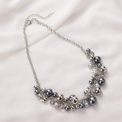 Chunky Beaded Statement Necklace for Women – Boho Silver Pendant Collar Necklace