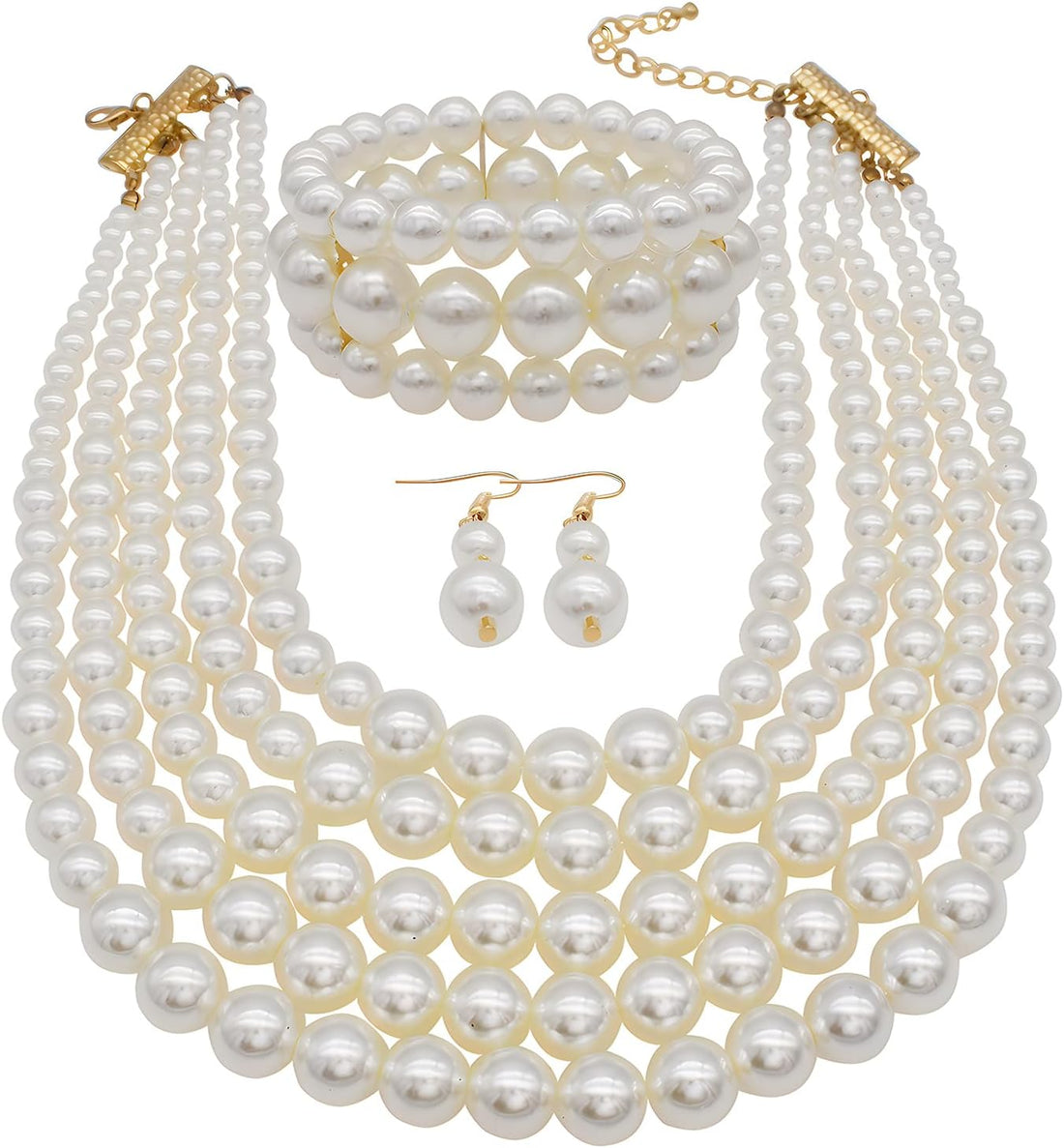 Large Multi-Strand Faux Pearl Necklace, Bracelet &amp; Earrings Set – Elegant Costume Jewelry for Women