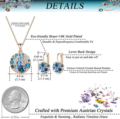 Austrian Crystal Round Disc Pendant Necklace &amp; Earrings Set – 14K Gold Plated, Hypoallergenic Jewelry for Women