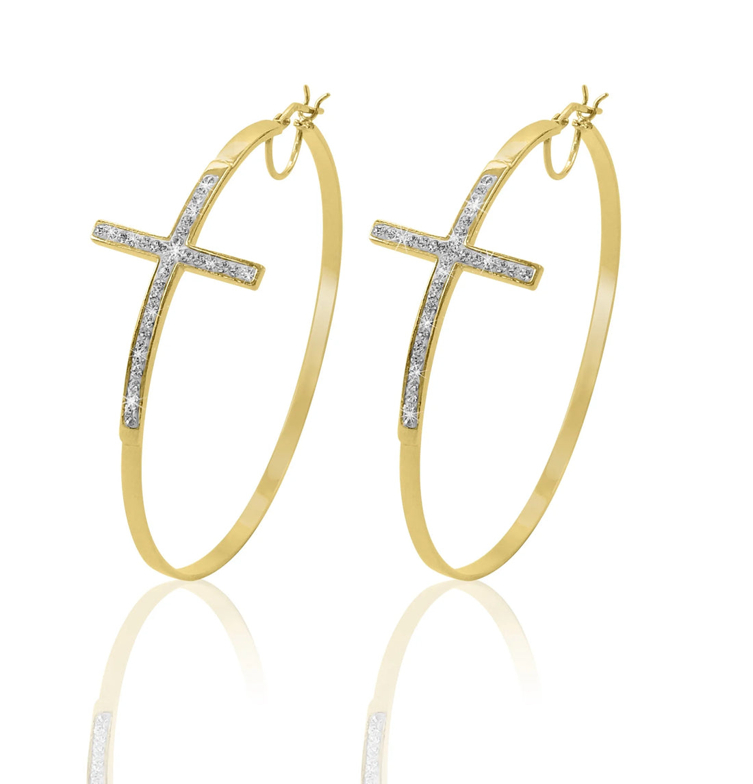 Women’s 14K Gold Plated Sterling Silver Crystal Cross Round Hoop Earrings – Adult Fashion Jewelry