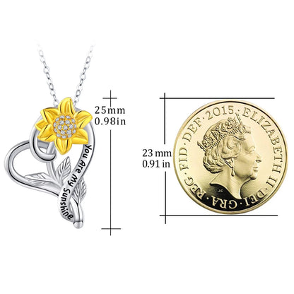 You Are My Sunshine Sunflower Necklace – 925 Sterling Silver Heart Pendant for Women, Mom, Daughter, Wife | Birthday Gift Jewelry
