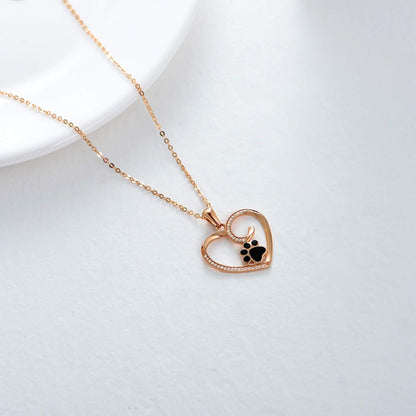 14K Gold Heart Pendant Necklace with Dog &amp; Cat Paw Print – Real Gold Jewelry for Women, 16–18 Inch, Gift for Pet Lovers