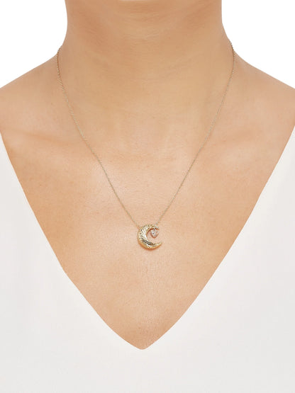 10K Yellow &amp; Rose Gold Celestial Moon and Heart Necklace – 18&quot; Puffed Pendant with Diamond-Cut Finish
