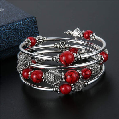 Beaded Chakra Turquoise Wrap Bracelet – Fashion Jewelry with Thick Silver &amp; Mala Beads, Gift for Women